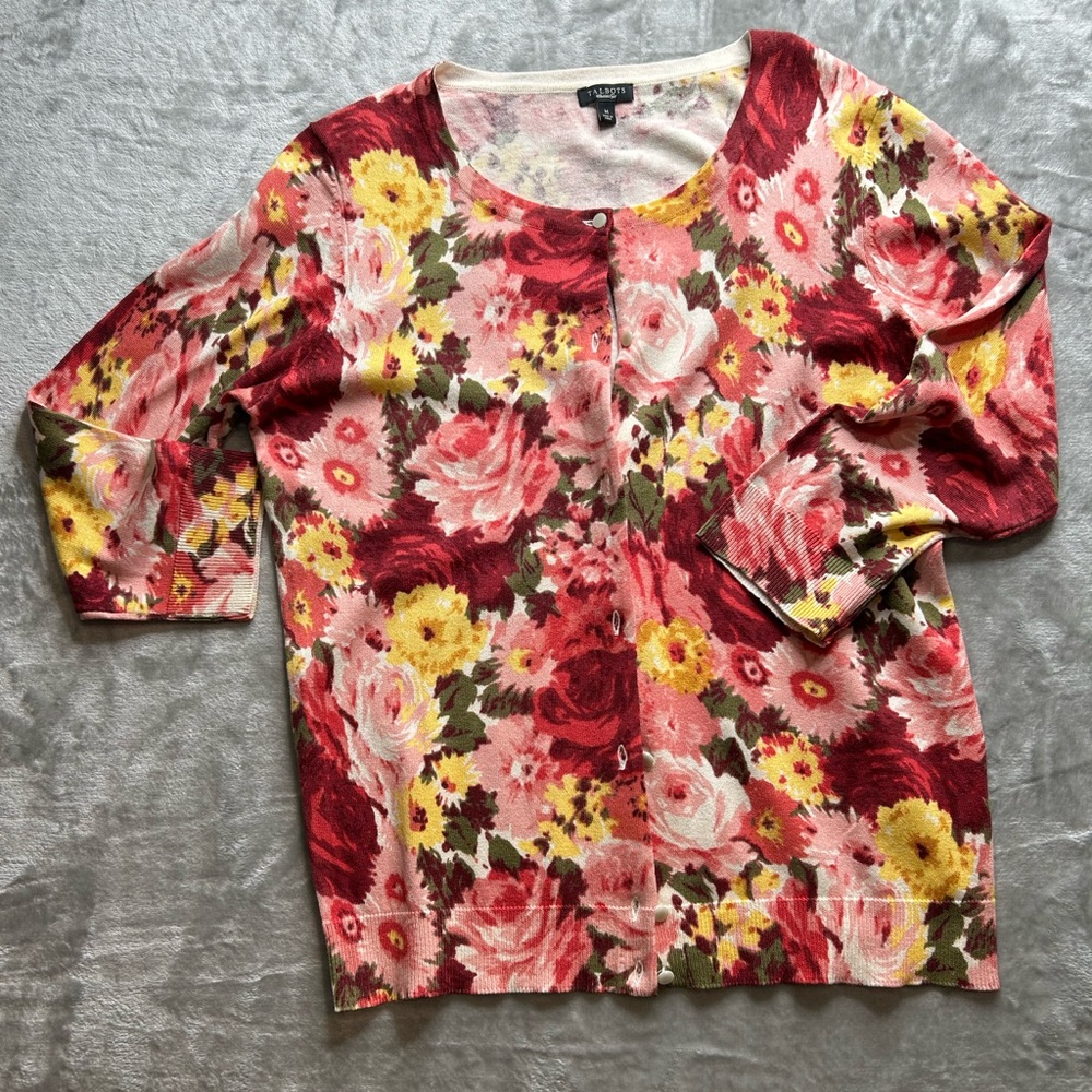 Talbots Floral Women's Cardigan Sweater - Burgundy, pink and Yellow - Picture 4 of 6